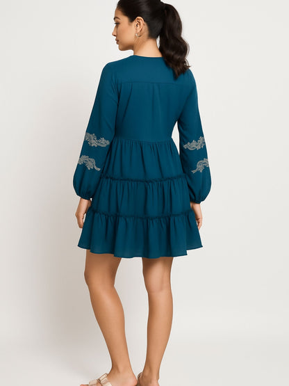 Teal Blue Color Embroidery On Neckline And Sleeves Tiered Skirt Design Dress