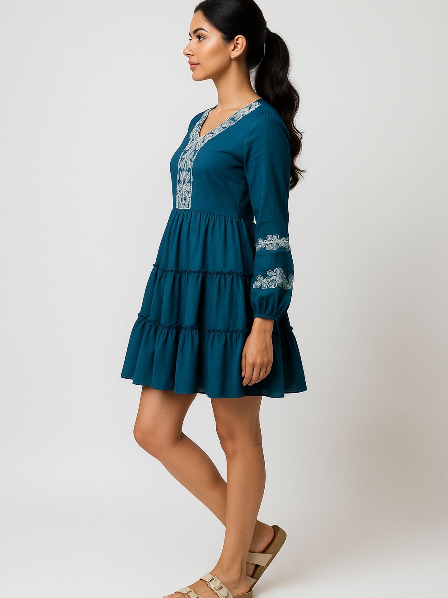 Teal Blue Color Embroidery On Neckline And Sleeves Tiered Skirt Design Dress