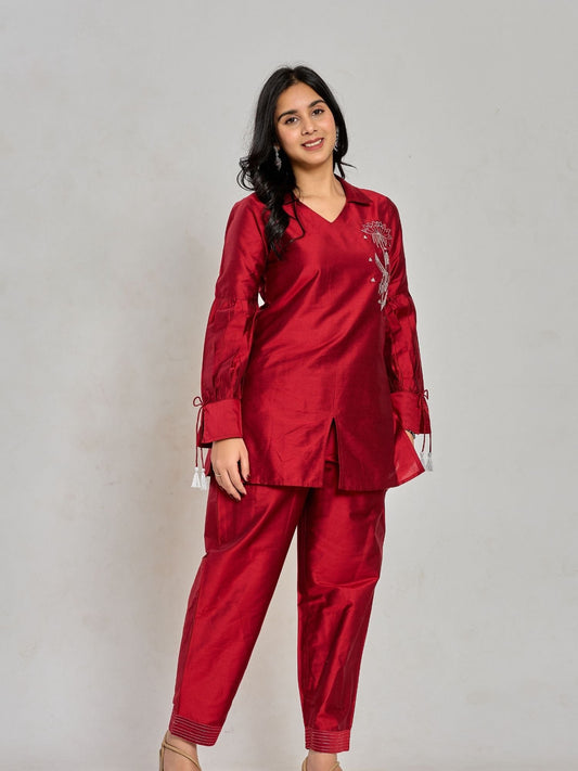Maroon Color Zari Embroidery Kurta With Pant
