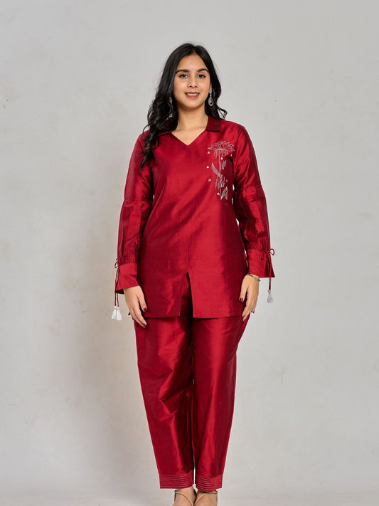 Maroon Color Zari Embroidery Kurta With Pant