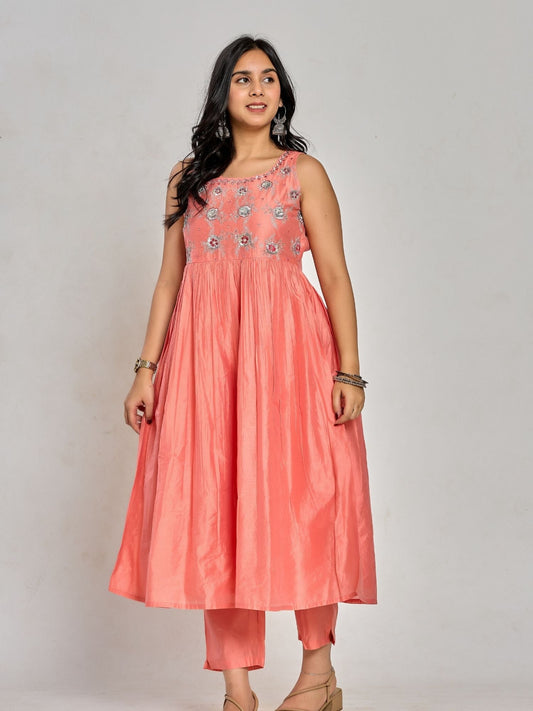 Coral Pink Color Floral Embroidery With Mirror And Thread Work Anarkali Kurta Pant