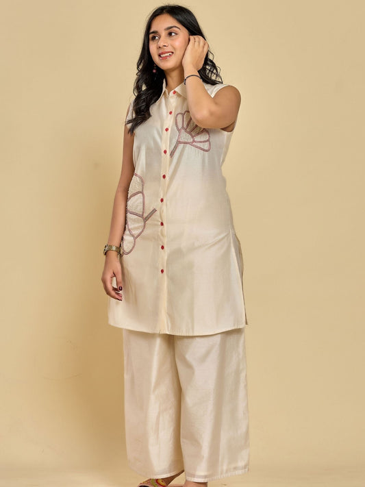 Ivory Color Thread Embroidery With Beads Kurta With Pant
