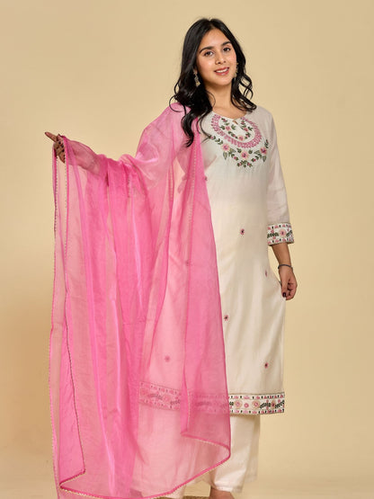 Weißes Resham-Stickerei-Kurta mit Spiegelapplikationen, dazu Hose und Duftta