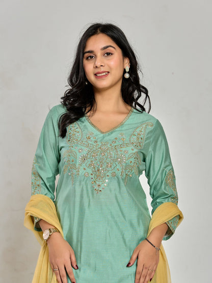 Minzgrünes Zari-besticktes Kurta mit Hose und Dupatta