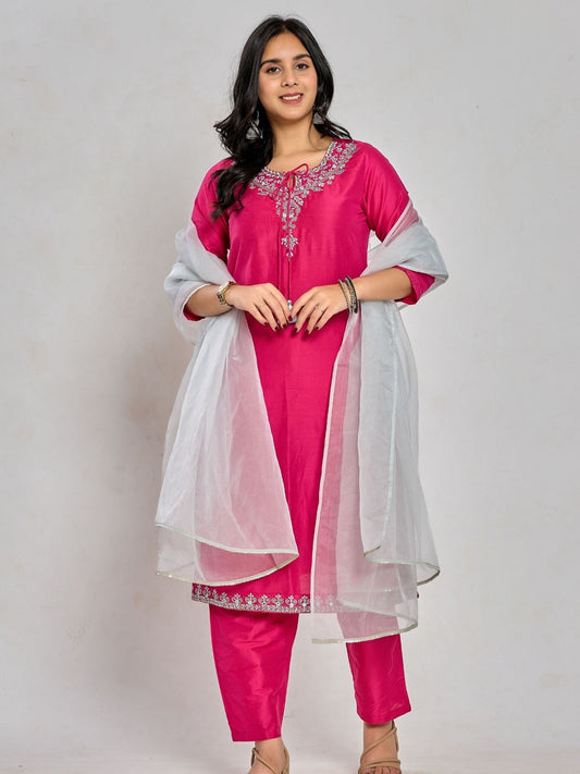 Pink Color Mirror Work With Zari And Sequin Work Kurta With Pant And Duptta