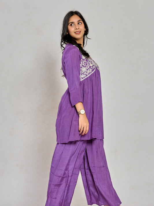 Purple Color Mirror Work With Thread Embroidery Palazzo Set
