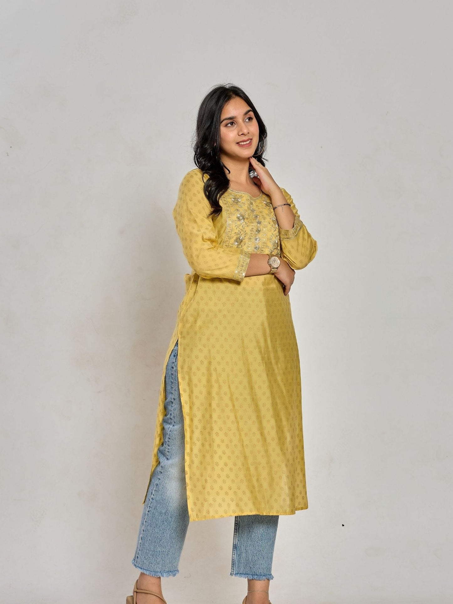 Mustard Yellow Color Gold Print / Zari Embroidery Kurti