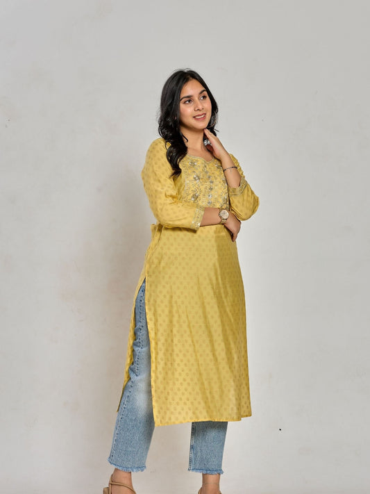 Mustard Yellow Color Gold Print / Zari Embroidery Kurti