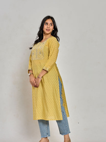 Mustard Yellow Color Gold Print / Zari Embroidery Kurti