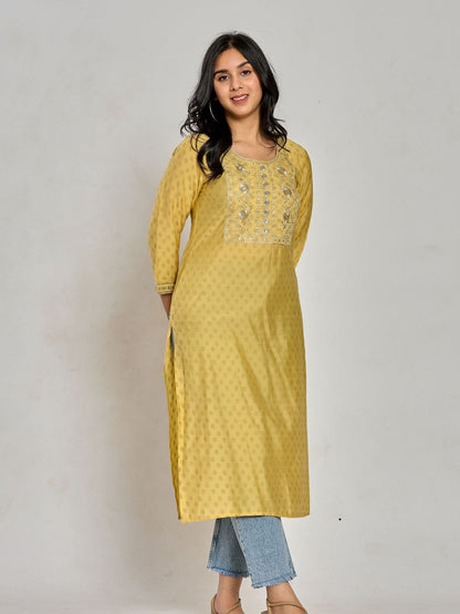 Mustard Yellow Color Gold Print / Zari Embroidery Kurti