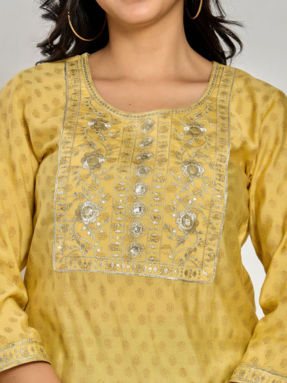 Mustard Yellow Color Gold Print / Zari Embroidery Kurti