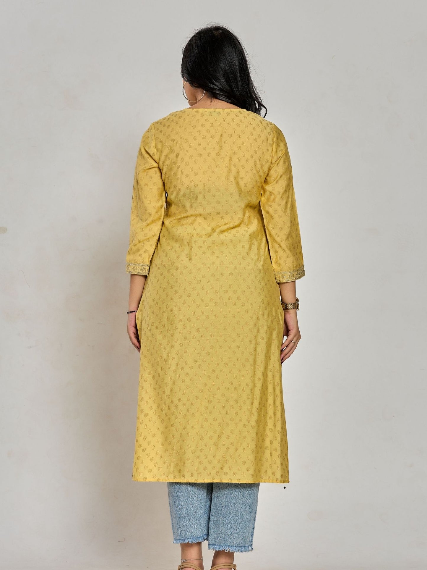 Mustard Yellow Color Gold Print / Zari Embroidery Kurti