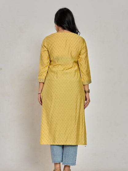 Mustard Yellow Color Gold Print / Zari Embroidery Kurti