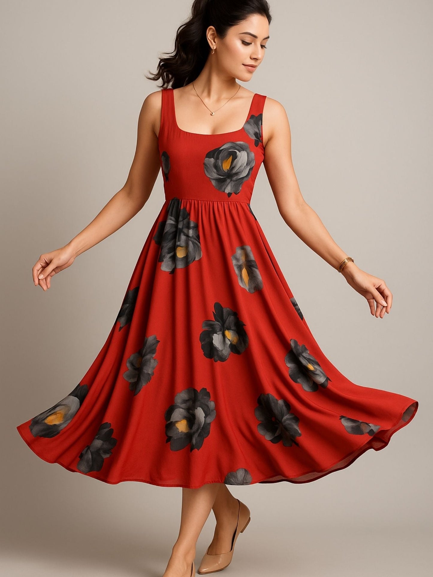 Rust Color Floral Print (Black & Grey Flowers With Yellow Accents) Dress