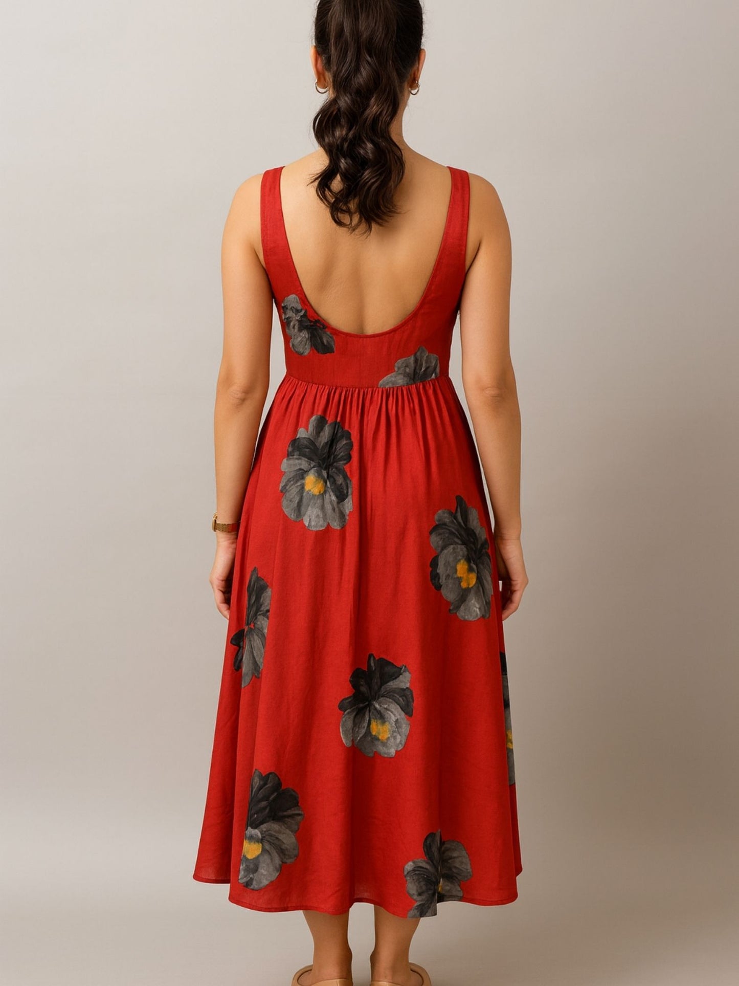 Rust Color Floral Print (Black & Grey Flowers With Yellow Accents) Dress