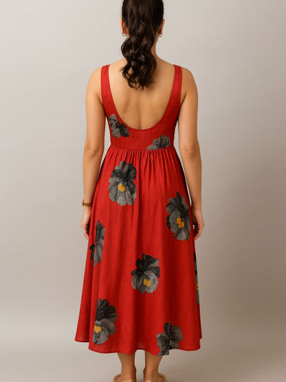 Rust Color Floral Print (Black & Grey Flowers With Yellow Accents) Dress