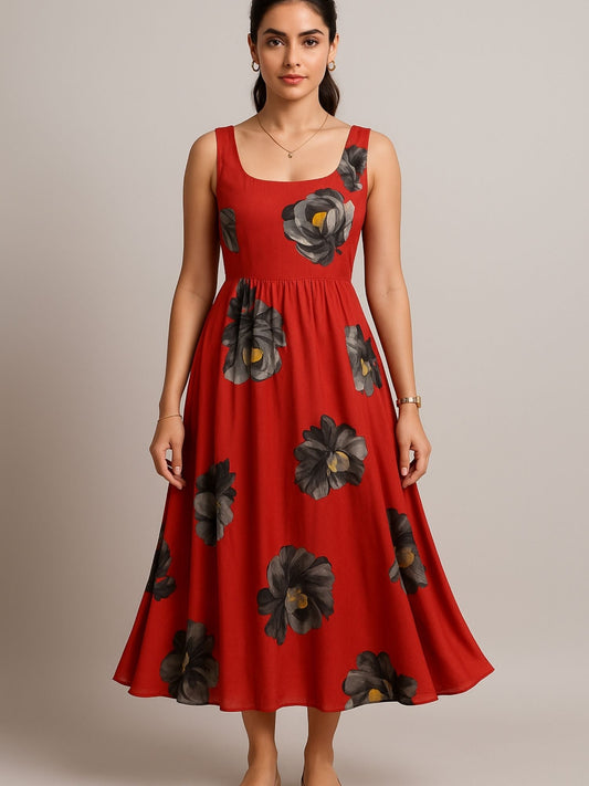 Rust Color Floral Print (Black & Grey Flowers With Yellow Accents) Dress