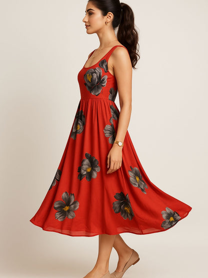 Rust Color Floral Print (Black & Grey Flowers With Yellow Accents) Dress