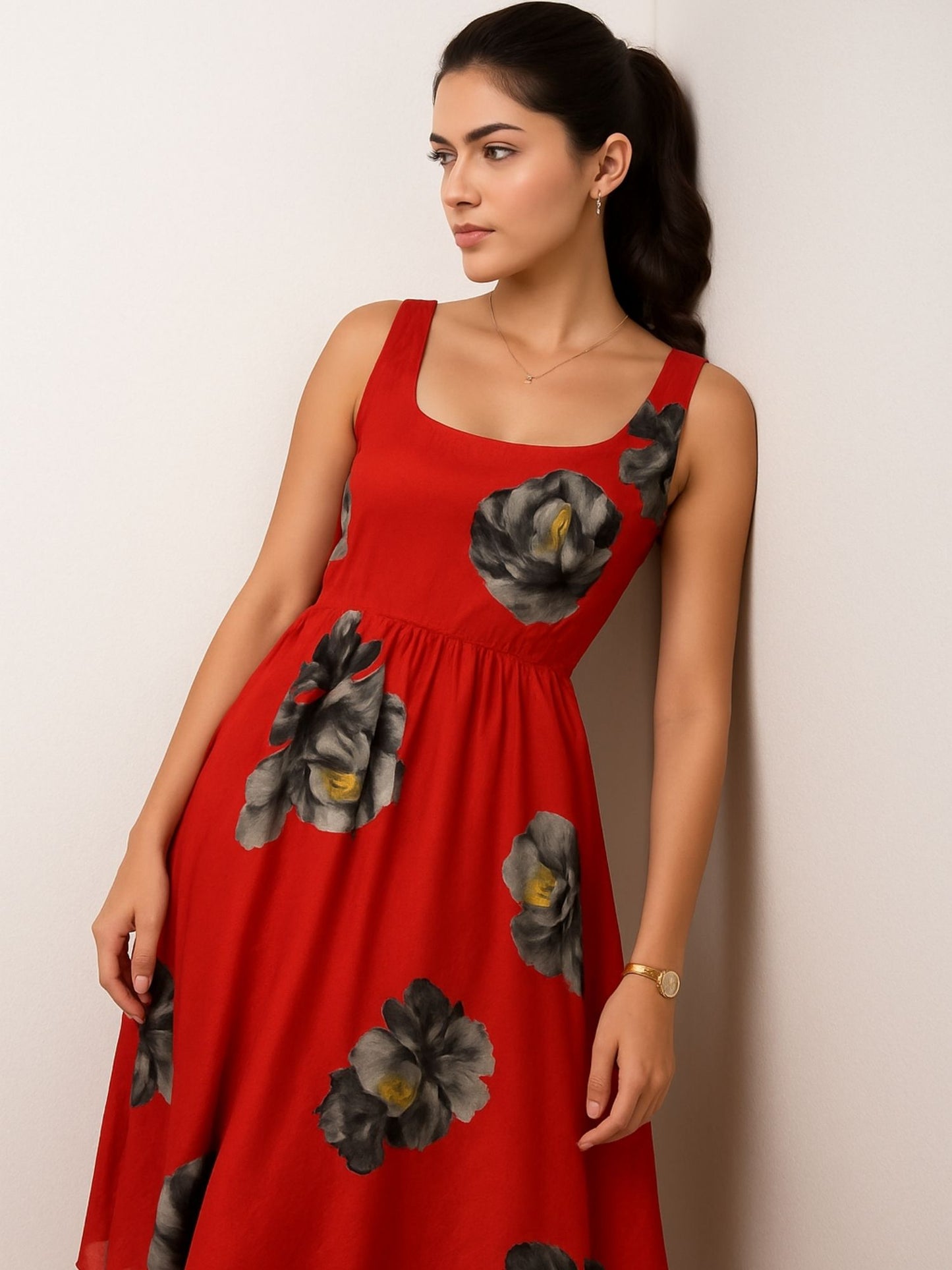 Rust Color Floral Print (Black & Grey Flowers With Yellow Accents) Dress