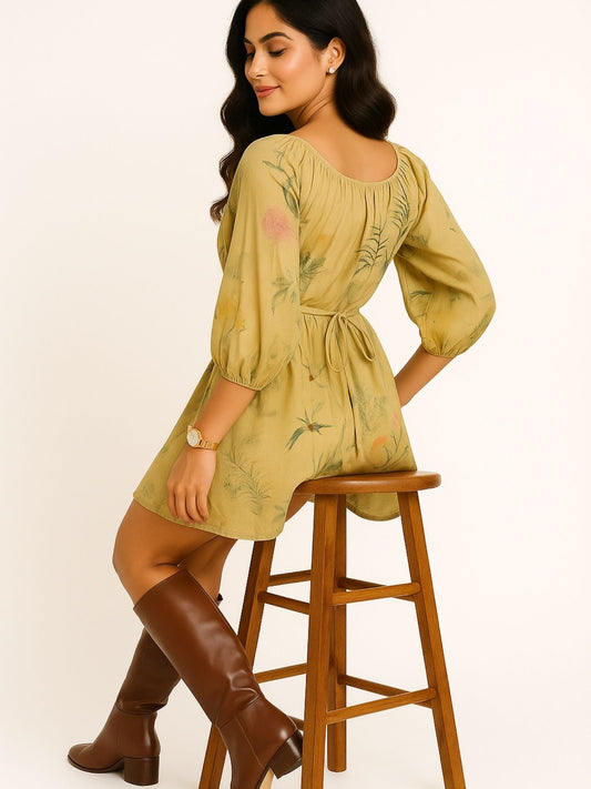 Light Yellow Color Botanical And Bird Print With Multicolor Detailing Dress