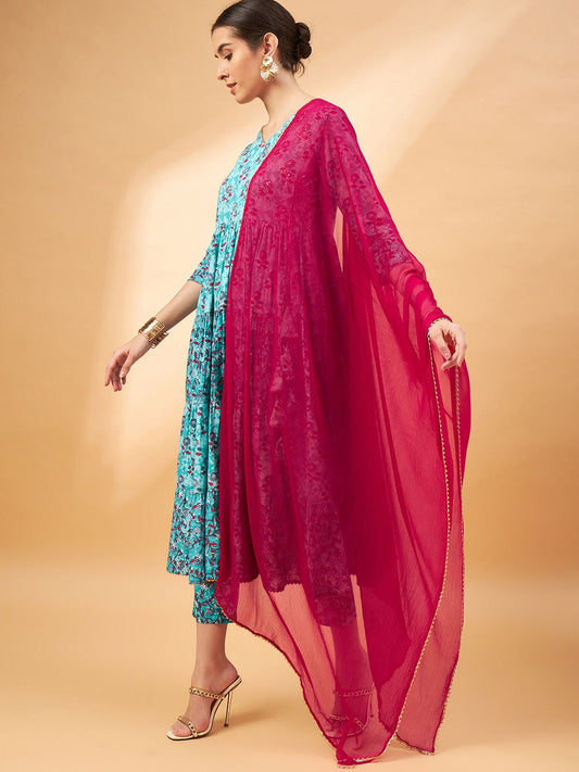 Blau-rot geblümte Kurta aus reiner Baumwolle mit Hose und Dupatta