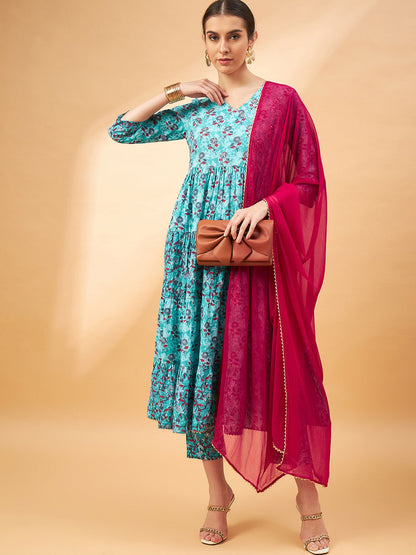 Blau-rot geblümte Kurta aus reiner Baumwolle mit Hose und Dupatta