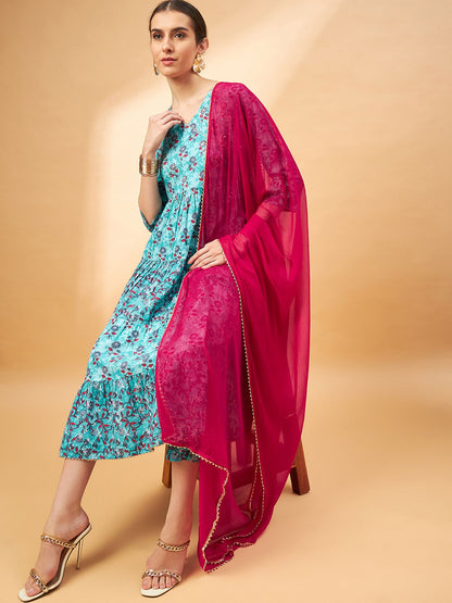 Blau-rot geblümte Kurta aus reiner Baumwolle mit Hose und Dupatta