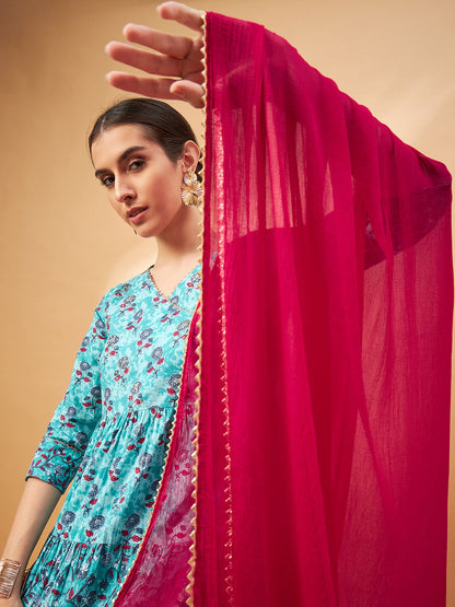 Blau-rot geblümte Kurta aus reiner Baumwolle mit Hose und Dupatta