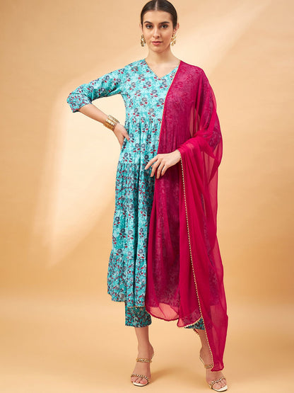 Blau-rot geblümte Kurta aus reiner Baumwolle mit Hose und Dupatta