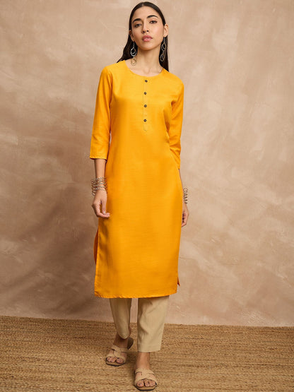 Mustard Yellow Round Neck Three-Quarter Sleeves Straight Kurta