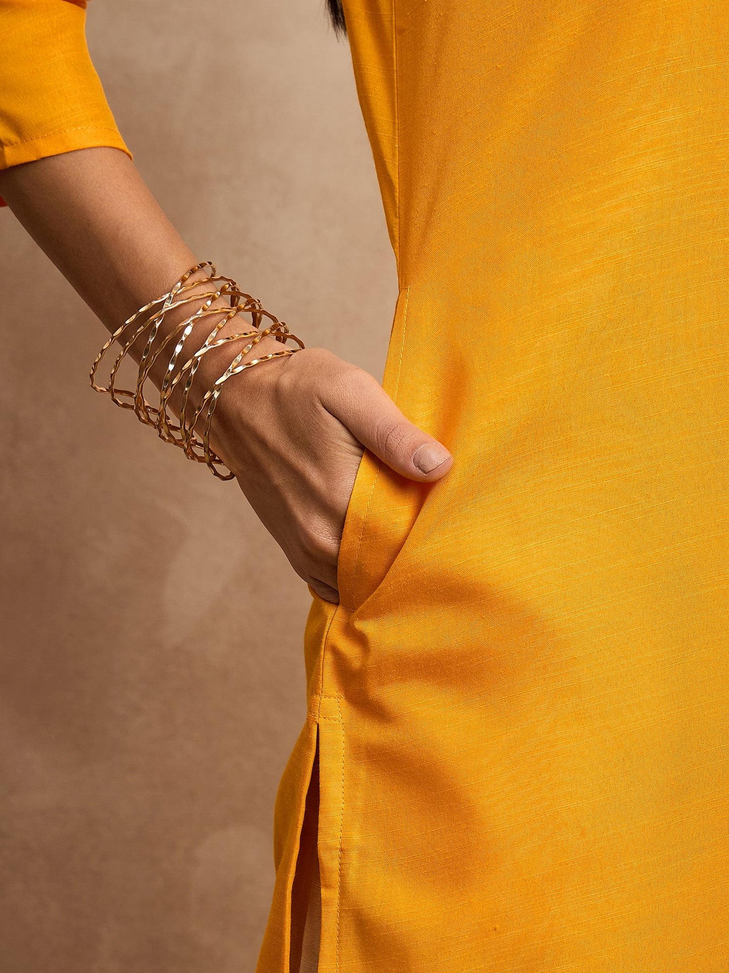 Mustard Yellow Round Neck Three-Quarter Sleeves Straight Kurta