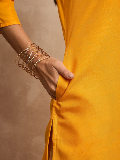 Mustard Yellow Round Neck Three-Quarter Sleeves Straight Kurta