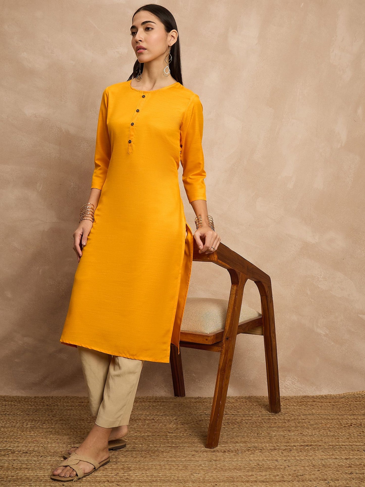 Mustard Yellow Round Neck Three-Quarter Sleeves Straight Kurta