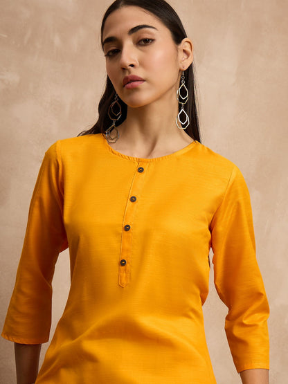 Mustard Yellow Round Neck Three-Quarter Sleeves Straight Kurta