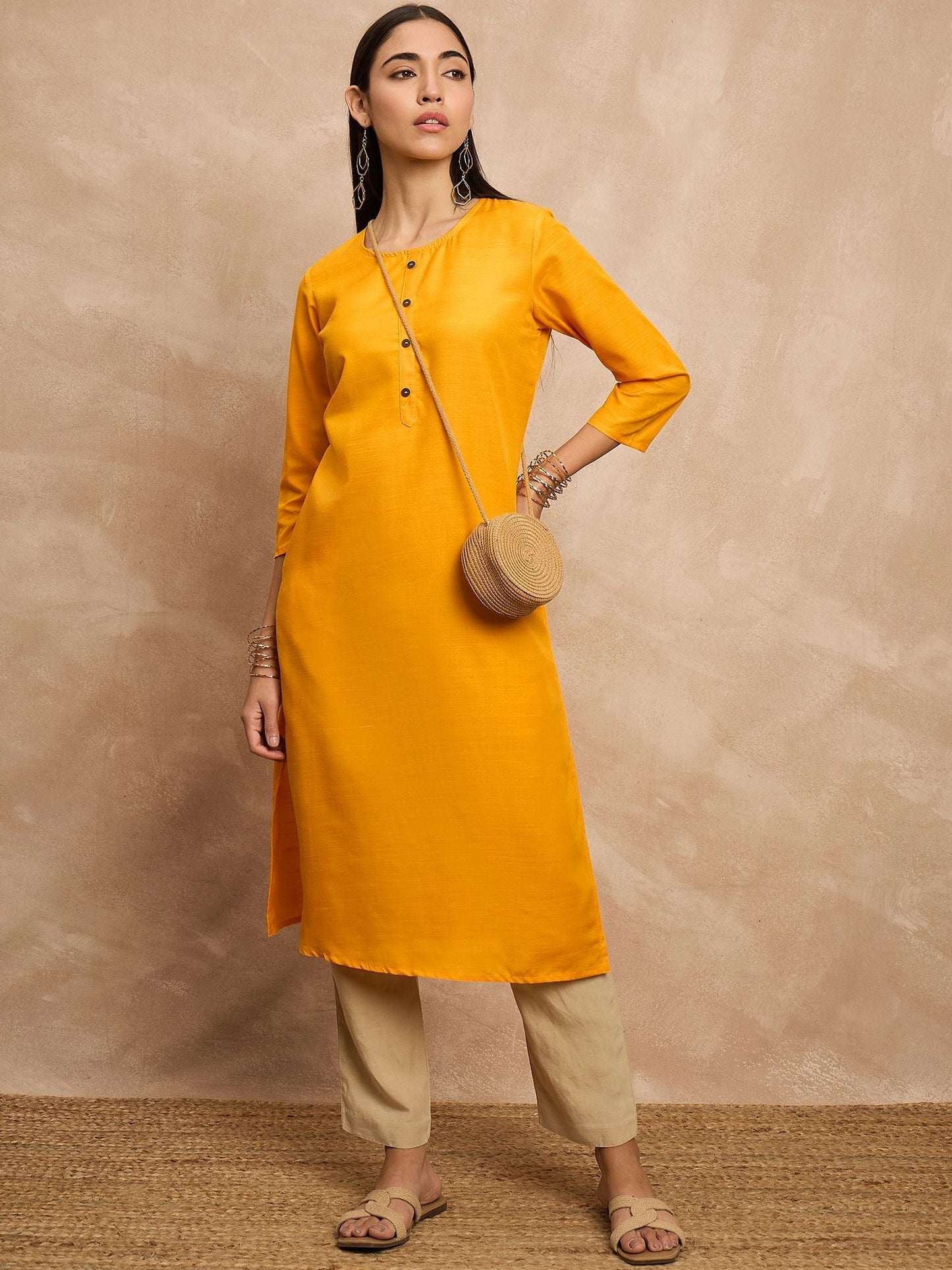 Mustard Yellow Round Neck Three-Quarter Sleeves Straight Kurta