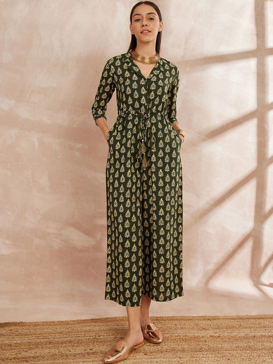 Shirt Collar Ethnic Motifs Printed Cotton Basic Jumpsuit