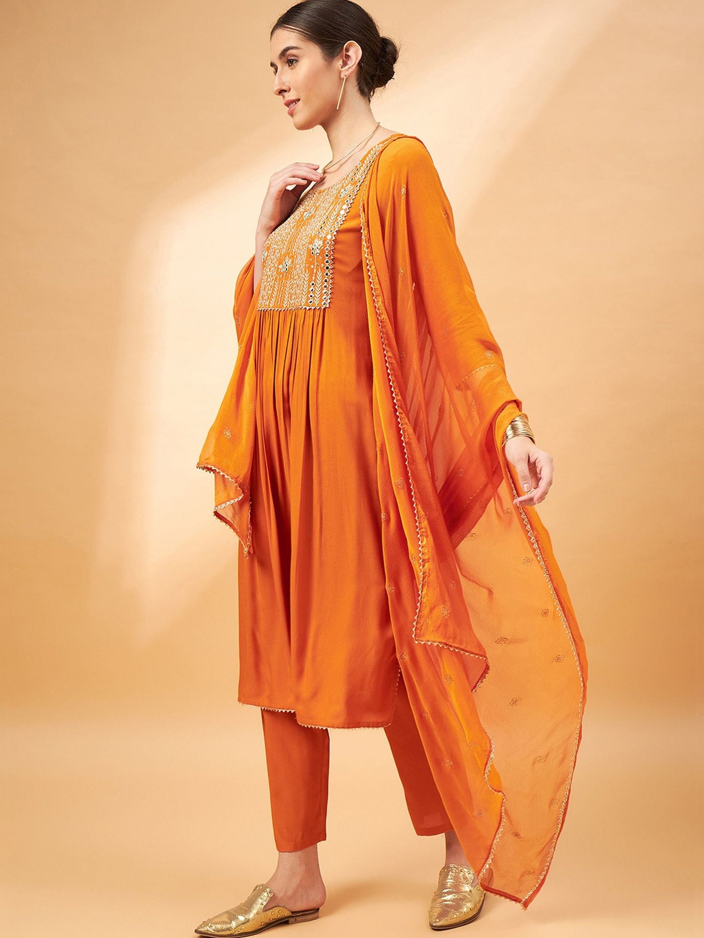 Orange Color Embroidered Mirror Work Yoke Design A-Line Kurta with Trousers Dupatta