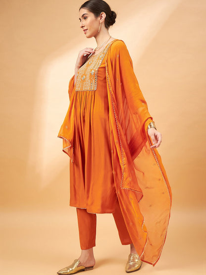 Orange Color Embroidered Mirror Work Yoke Design A-Line Kurta with Trousers Dupatta