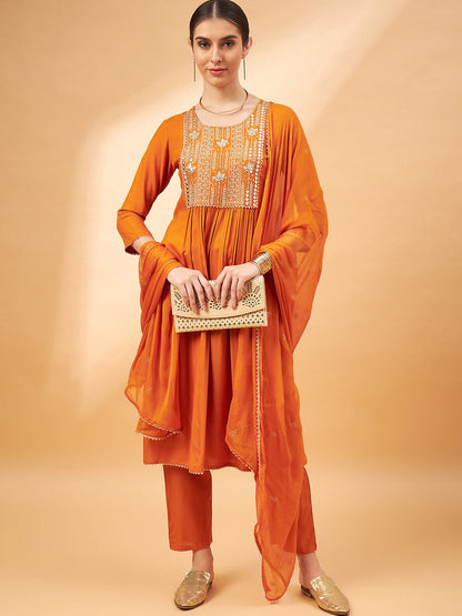 Orange Color Embroidered Mirror Work Yoke Design A-Line Kurta with Trousers Dupatta