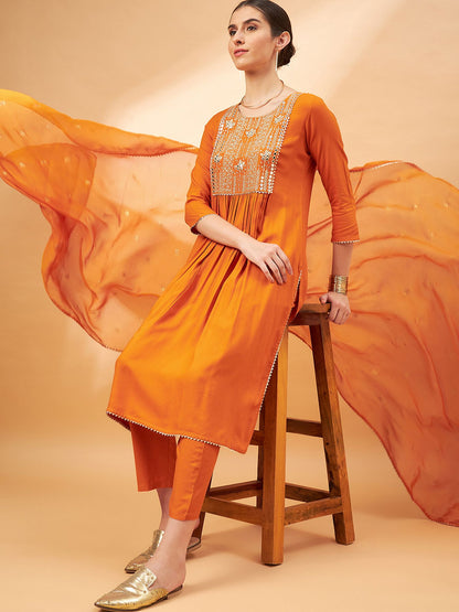 Orange Color Embroidered Mirror Work Yoke Design A-Line Kurta with Trousers Dupatta