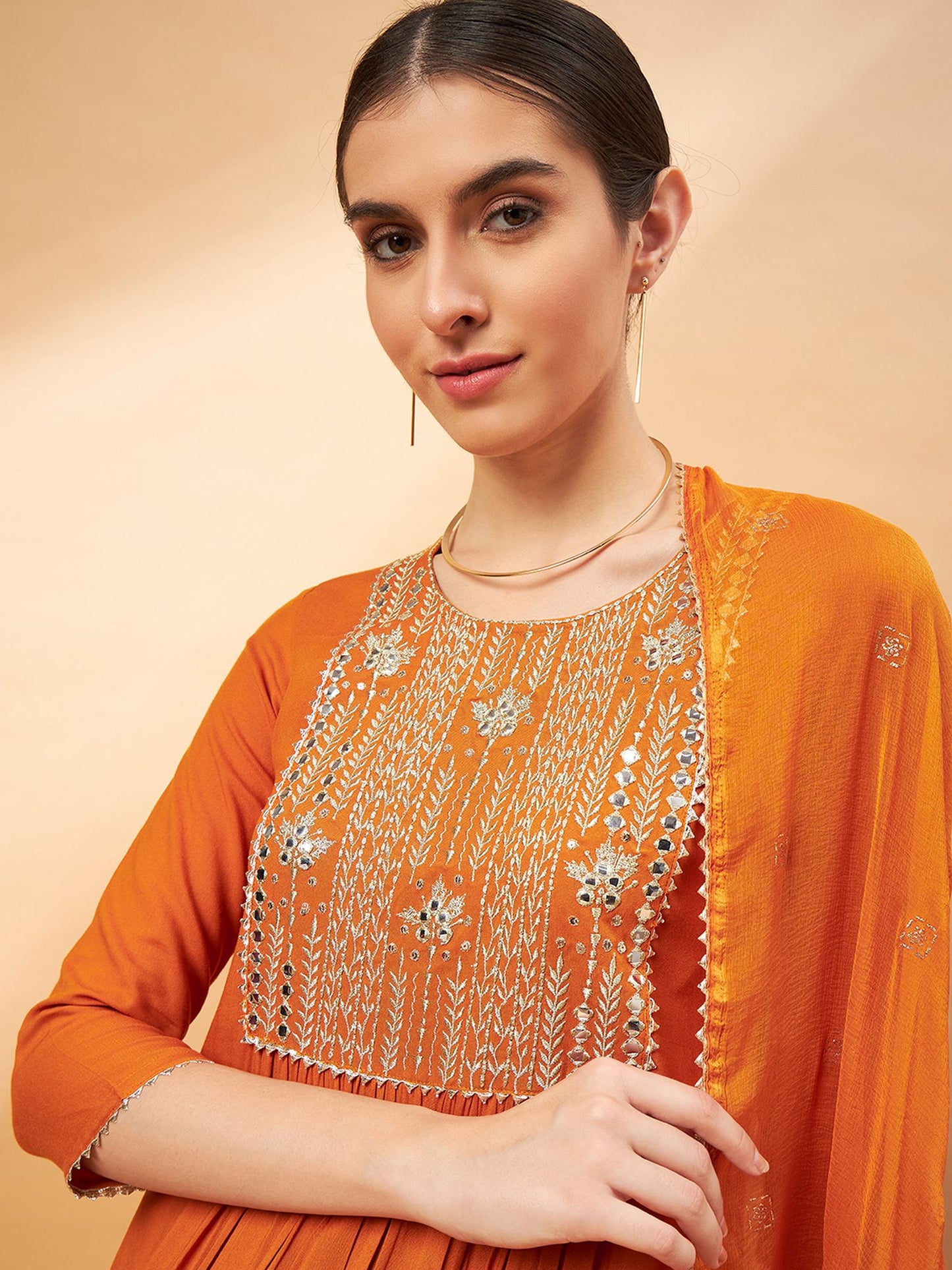 Orange Color Embroidered Mirror Work Yoke Design A-Line Kurta with Trousers Dupatta