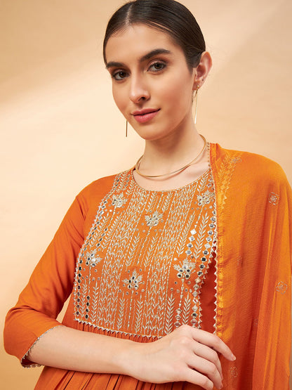 Orange Color Embroidered Mirror Work Yoke Design A-Line Kurta with Trousers Dupatta