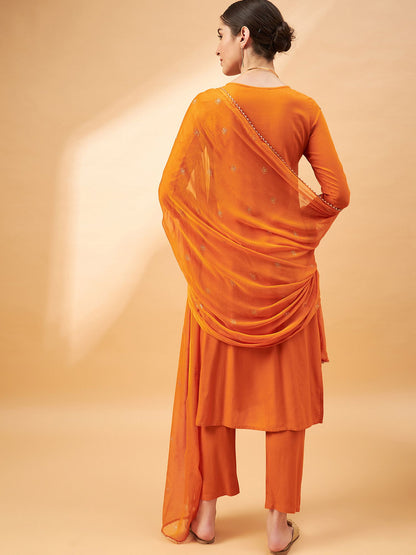 Orange Color Embroidered Mirror Work Yoke Design A-Line Kurta with Trousers Dupatta