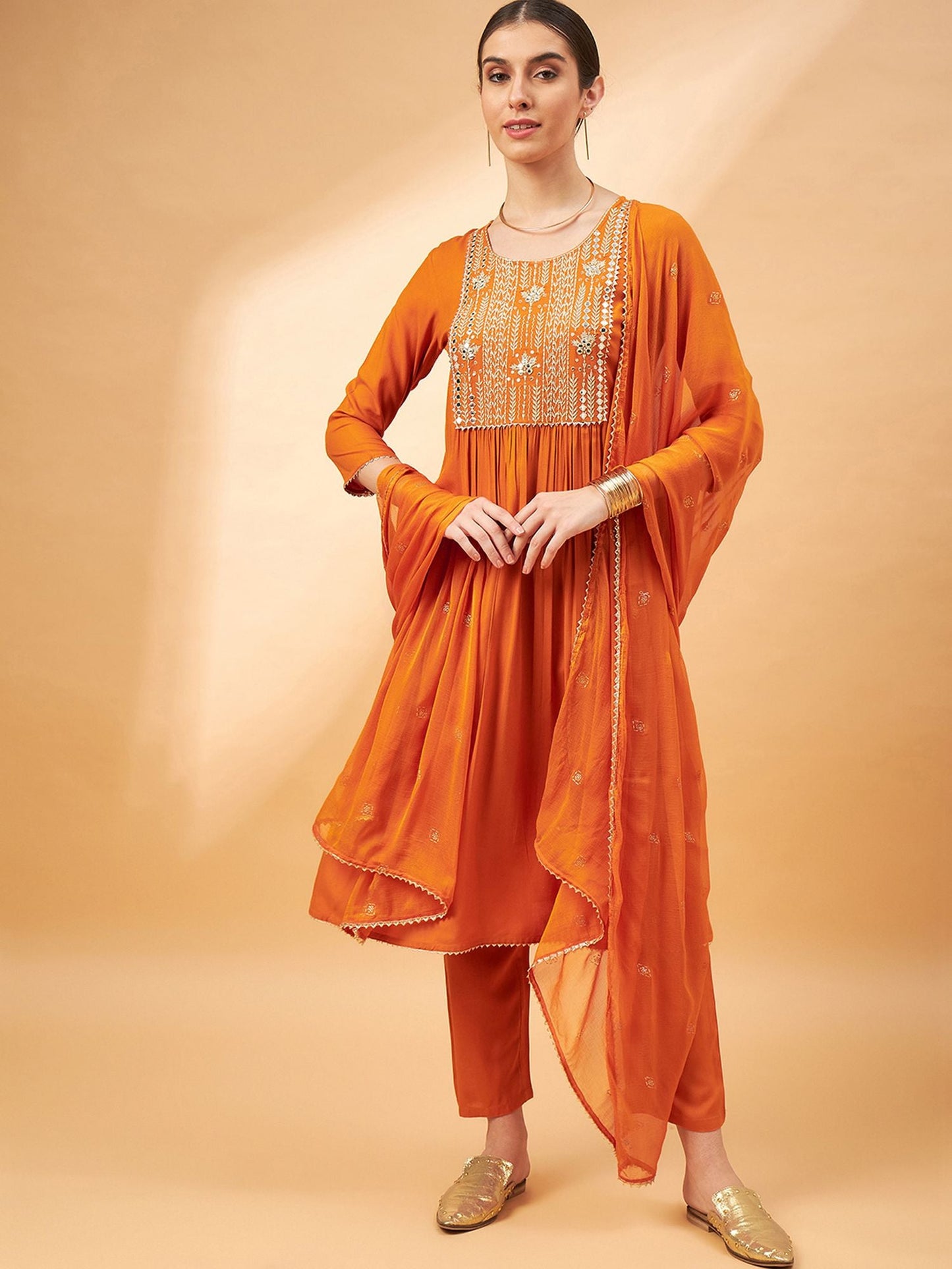 Orange Color Embroidered Mirror Work Yoke Design A-Line Kurta with Trousers Dupatta