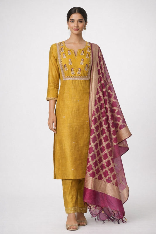 Zari And Thread Work Mustard Yellow Color Kurta Set