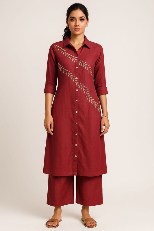 Mirror With Thread Embroidery & Zari Work Maroon Color Kurta Set