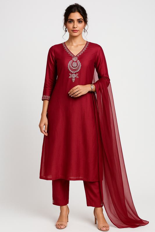 Zari Thread Work With Mirror-Sequin Detailing Maroon Color Kurta Set