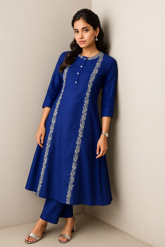 Intricate Thread And Mirror & Sequin & Zari Work Royal Blue Color Kurta Set