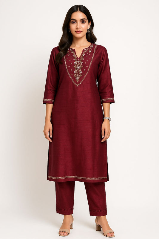 Zari Thread Work With Mirror-Sequin Detailing Wine Color Kurta Set