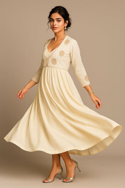 Fadenarbeit mit Zari & Cutdana cremefarbenes Anarkali-Kleid mit Jacke